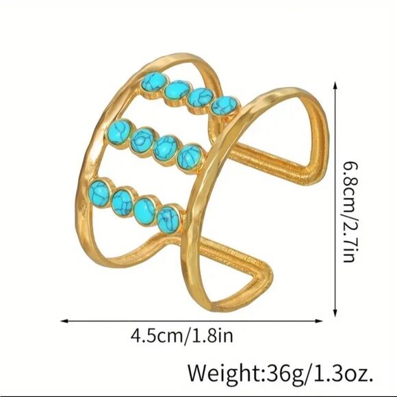 Hand crafted Hollow Out Cuff Bangle Bracelet Inlaid Turquoise - Picture 5 of 5